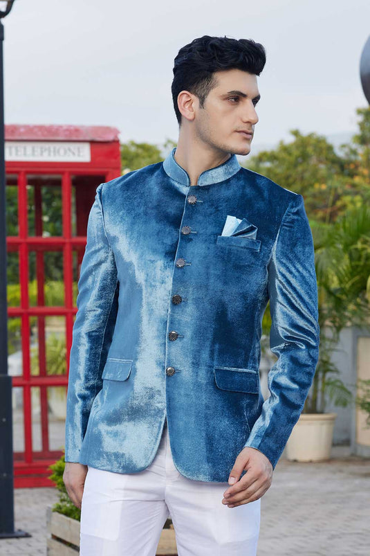 Teal Color Designer Velvet Fabric Readymade Jodhpuri Jacket