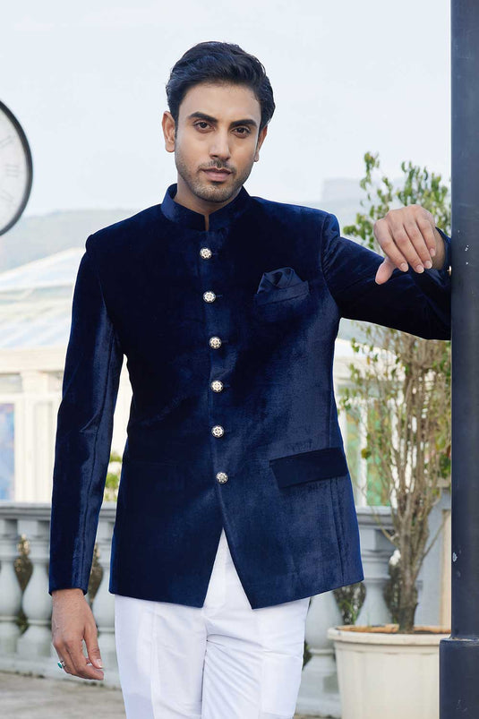 Blue Color Velvet Fabric Designer Readymade Jodhpuri Jacket