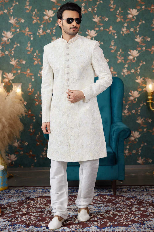 Fantastic Cream Color Art Silk Fabric Wedding Wear Sherwani For Men