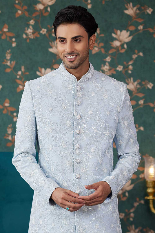 Dusky Sky Blue Color Art Silk Fabric Readymade Sherwani For Men