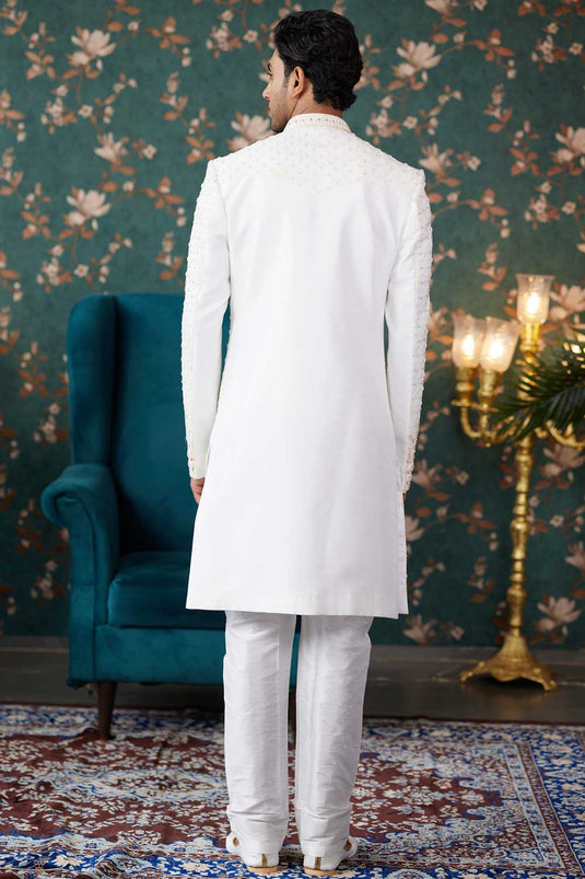 Vivacious Art Silk Fabric Wedding Wear Sherwani For Men In Cream Color