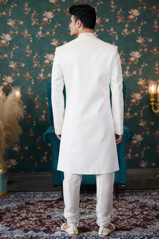 Attractive Cream Color Wedding Wear Sherwani For Men In Art Silk Fabric