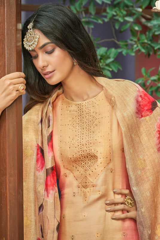 Chanderi Jacquard Fabric Digital Printed Casual Salwar Kameez In Peach Color