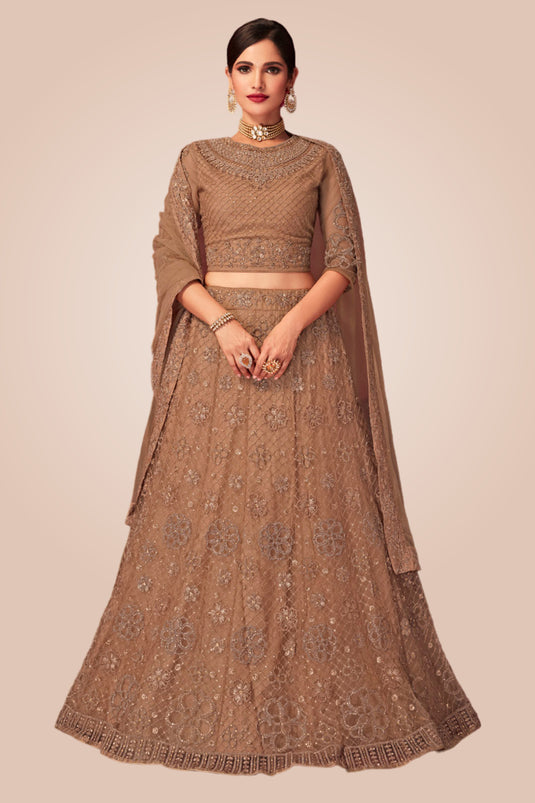 Net Fabric Brown Color 3 Piece Lehenga Choli With Embroidery Work