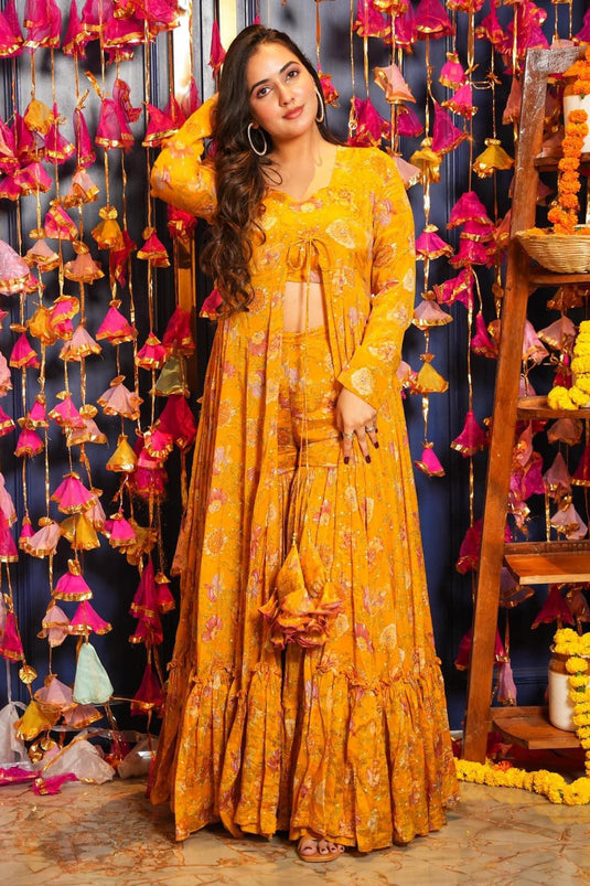 Yellow Color Chinon Fabric Charming Readymade Sharara Suit With Koti