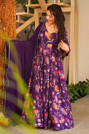 Rayon Purple Printed Readymade Anarkali Dress
