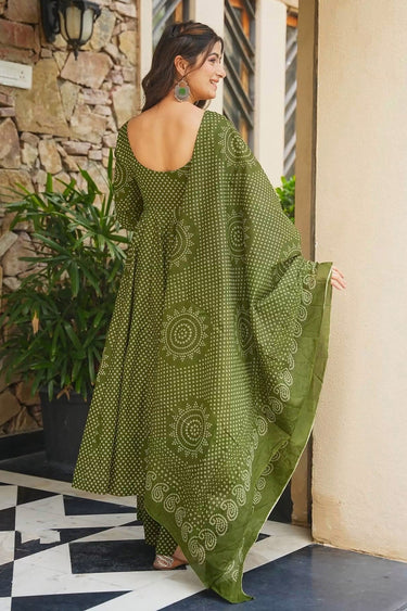 Gujarati Bandhani Print Green Flared Anarkali Kurta Palazzo Suit