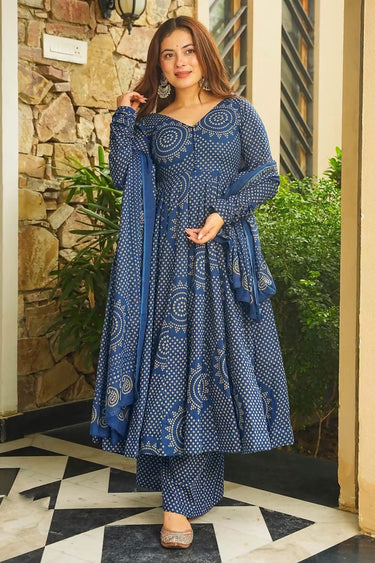 Vibrant Blue Ethnic Bandhani Print Anarkali Kurta Set With Flared Palazzo