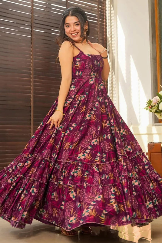 Printed Purple Color Rayon Anarkali Gown