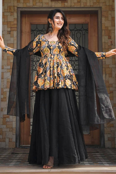 Art Silk Printed Black Readymade Palazzo Suit For Festive Wear