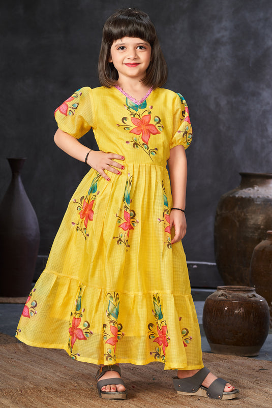 Function Wear Fancy Fabric Yellow Color Captivating Readymade Kids Gown
