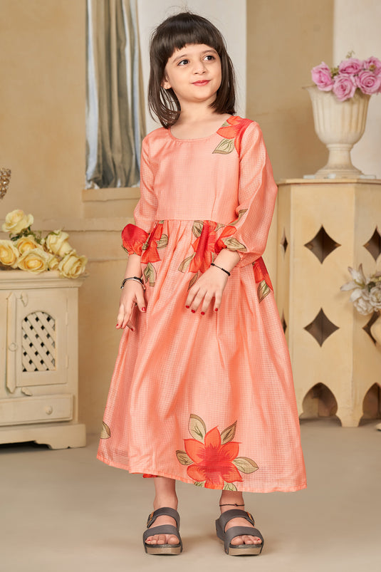 Fancy Fabric Peach Color Function Wear Digital Printed Readymade Kids Gown