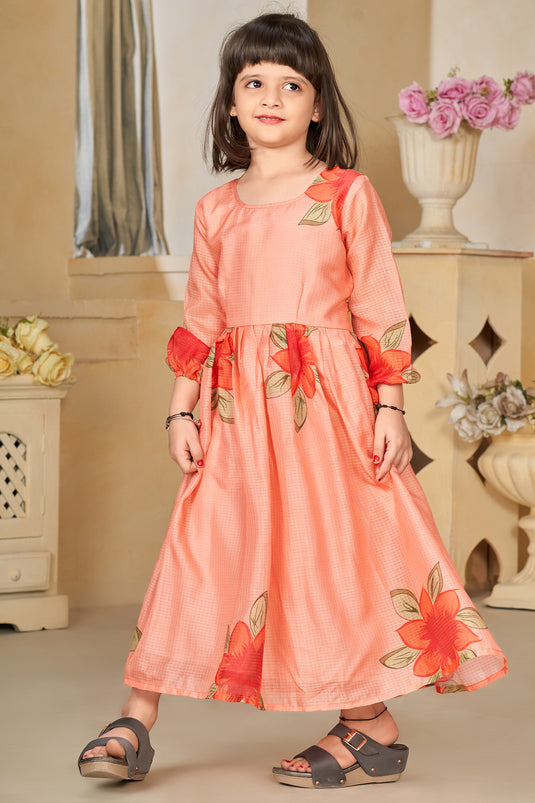 Fancy Fabric Peach Color Function Wear Digital Printed Readymade Kids Gown