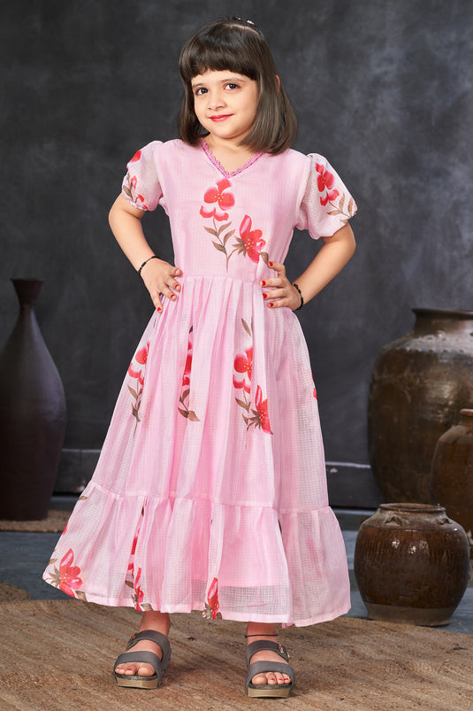 Gorgeous Pink Color Fancy Fabric Digital Printed Function Wear Readymade Kids Gown