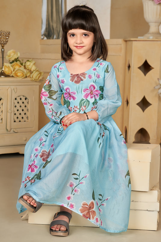 Cyan Color Fancy Fabric Function Wear Digital Printed Readymade Kids Gown