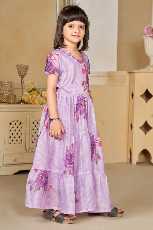 Fancy Fabric Engaging Lavender Color Function Wear Digital Printed Readymade Kids Gown