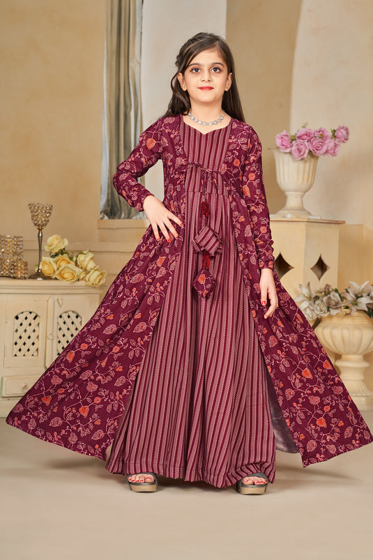 Muslin Fabric Maroon Color Function Wear Digital Printed Readymade Kids Gown With Shrug