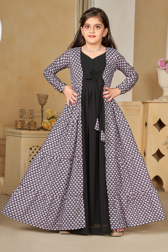 Gorgeous Black Color Muslin Fabric Digital Printed Function Wear Readymade Kids Gown With Shrug