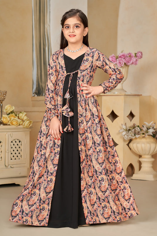 Gorgeous Black Color Georgette Fabric Digital Printed Function Wear Readymade Kids Gown With Shrug