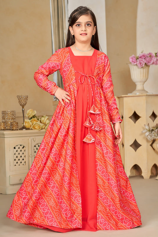 Red Color Georgette Fabric Function Wear Digital Printed Readymade Kids Gown With Shrug
