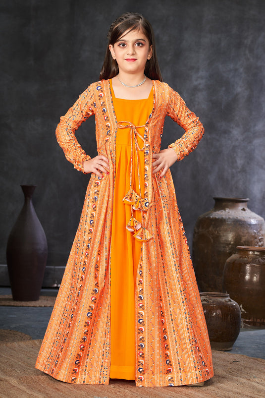 Georgette Fabric Engaging Orange Color Function Wear Digital Printed Readymade Kids Gown With Shrug