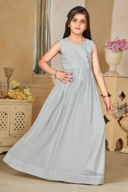 Function Wear Georgette Fabric Grey Color Captivating Readymade Kids Gown With Shrug