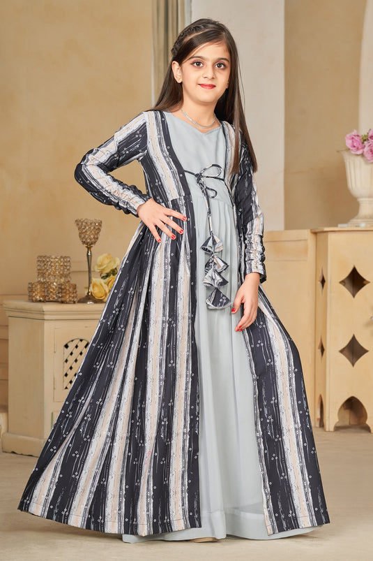Function Wear Georgette Fabric Grey Color Captivating Readymade Kids Gown With Shrug