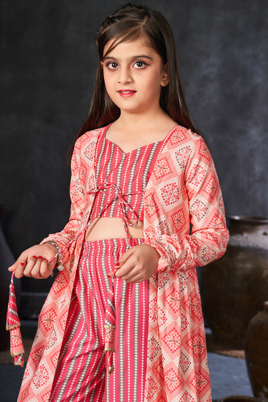 Pink Color Rayon Fabric Function Wear Readymade Kids Indo Western Palazzo Set With Digital Printed Shrug