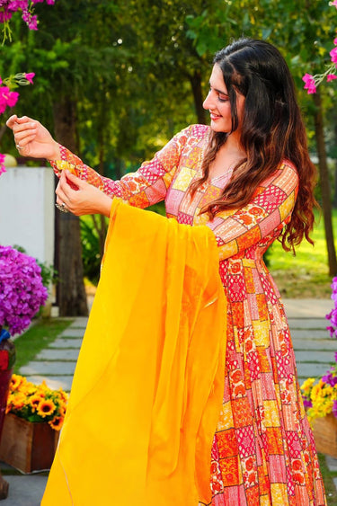 Multi Color Rayon Festive Wear Printed Readymade Anarkali Gown With Dupatta