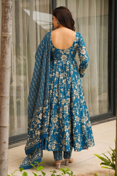 Cyan Printed Muslin Readymade Anarkali Suit