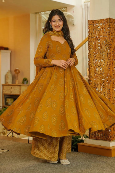 Muslin Printed Mustard Stylish Readymade Anarkali Style Salwar Kameez