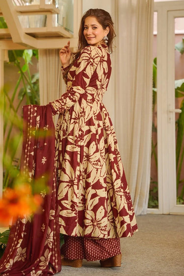 Attractive Maroon Muslin Printed Readymade Anarkali Style Suit