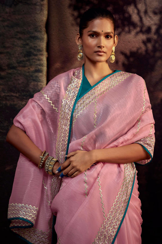 Attractive Fancy Work Pink Color Art Silk Fabric Saree