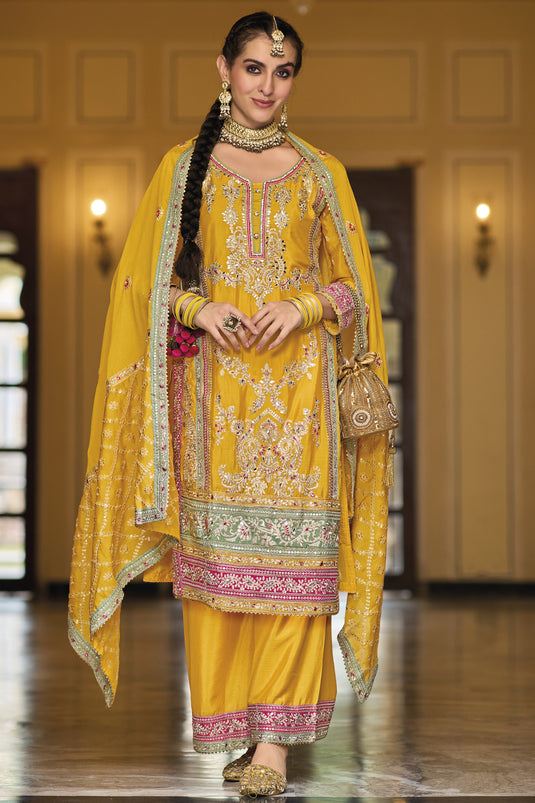 Chinon Fabric Mustard Color Embroidered Readymade Punjabi Style Palazzo Suit