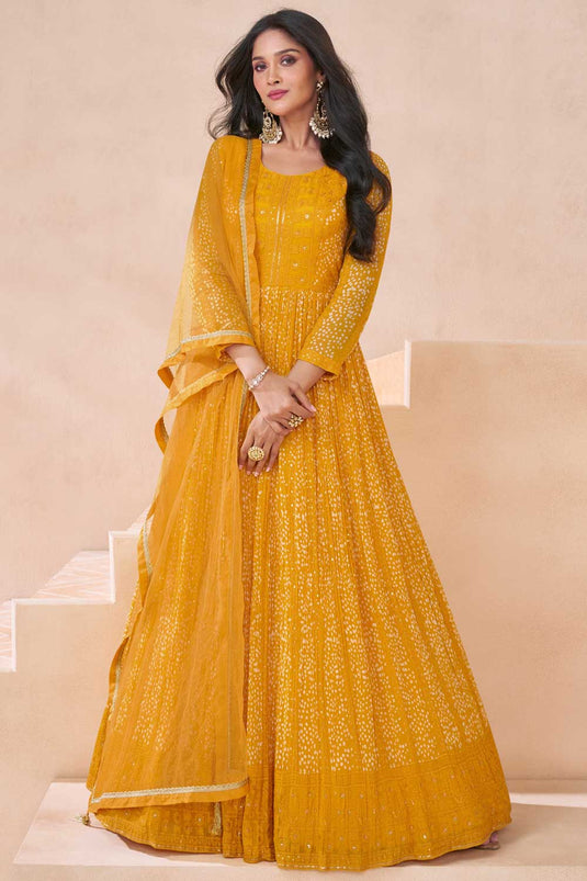 Sushrii Mishraa Elegant Yellow Color Georgette Anarkali Suit For Function