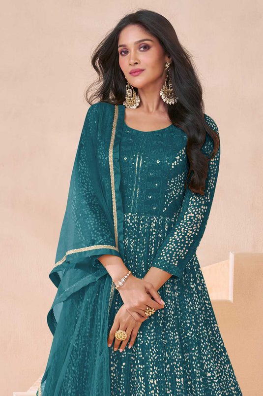 Sushrii Mishraa Function Special Teal Color Georgette Anarkali Suit