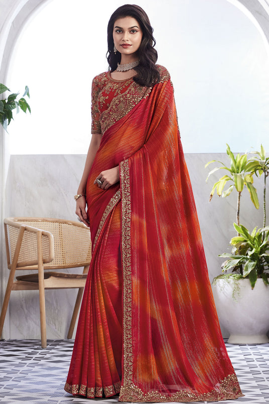 Art Silk Fabric Red Color Patterned Saree With Border Work