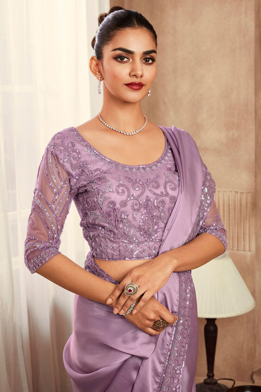 Lavender Color Gorgeous Party Style Satin Silk Saree With Border Work