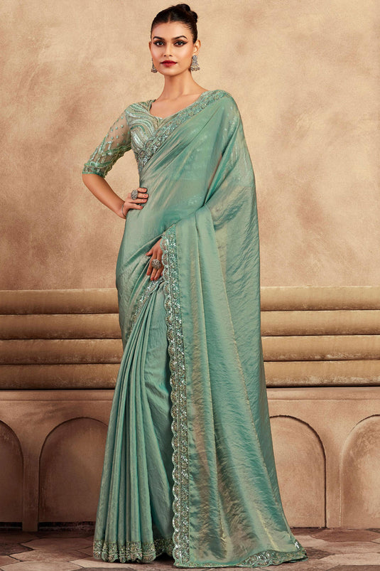 Alluring Sea Green Color Border Work Party Style Art Silk Saree