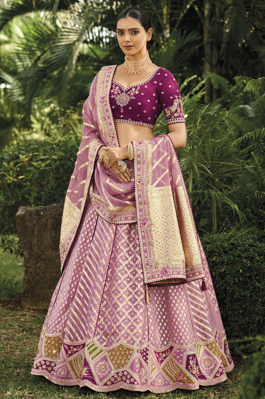 Lavender Color Banarasi Silk Fabric Engaging Lehenga With Jacquard Work