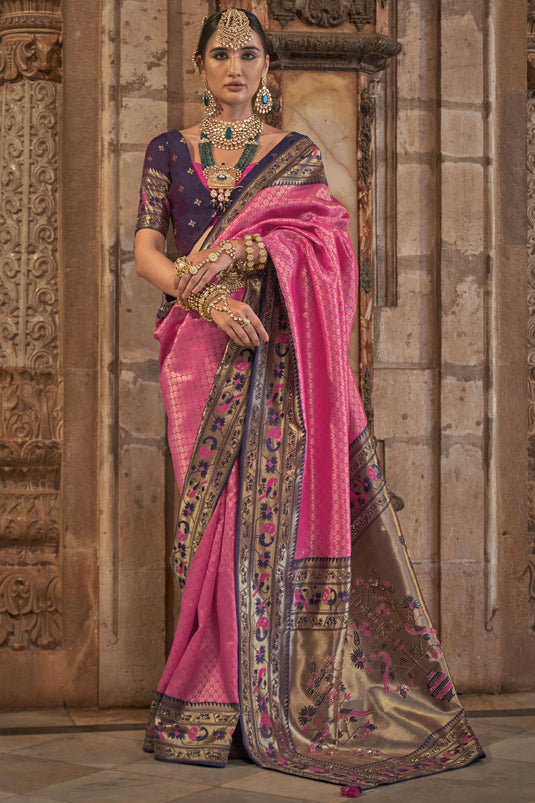 Patola Silk Weaving Work Saree In Rani Color