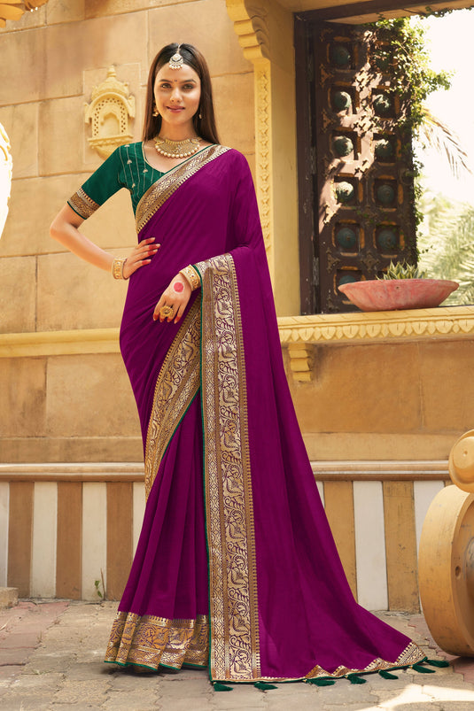 Border Work On Wine Color Sober Saree In Banglori Silk Fabric