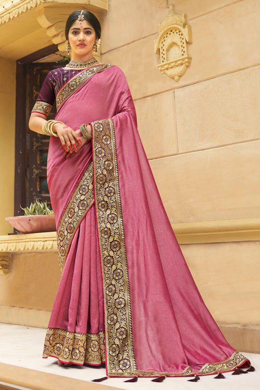 Creative Border Work On Pink Color Banglori Silk Fabric Saree