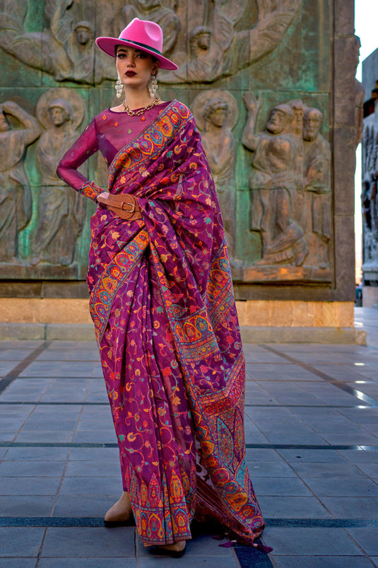 Entrancing Organza Fabric Saree In Magenta Color With Weaving Work