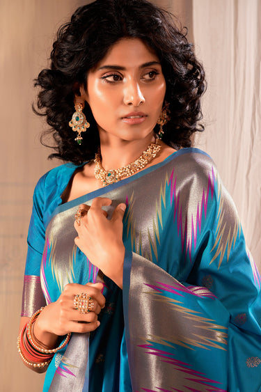 Banarasi Silk Fabric Festive Wear Vintage Saree In Teal Color