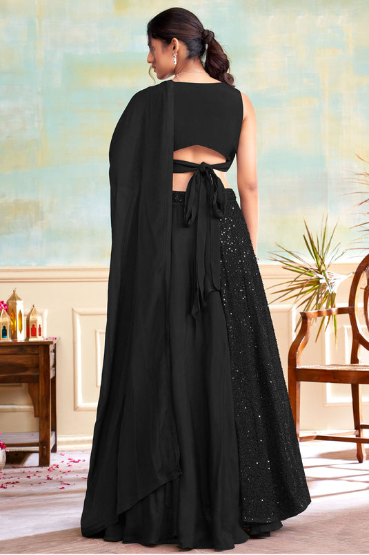 Chinon Fabric Function Wear Wondrous Readymade Lehenga In Black Color