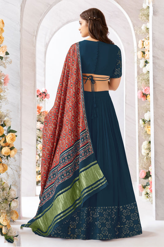Georgette Fabric Function Wear Luxurious Readymade Lehenga In Teal Color