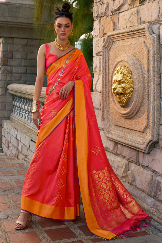 Orange Color Fantastic Art Silk Fabric Saree With Weaving Work