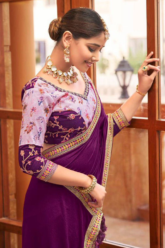 Border Work Soothing Fancy Fabric Saree In Purple Color