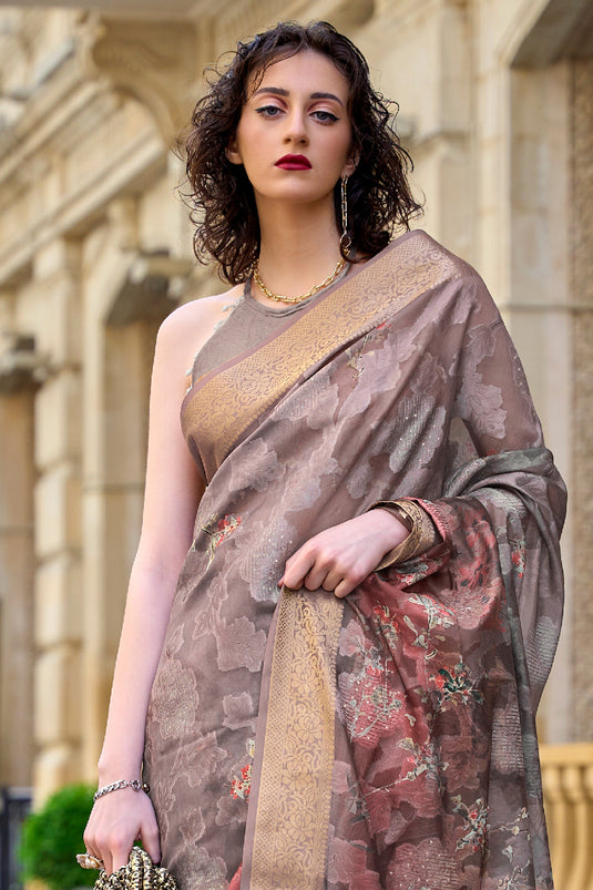 Tempting Brasso Fabric Dark Beige Color Saree With Printed Work